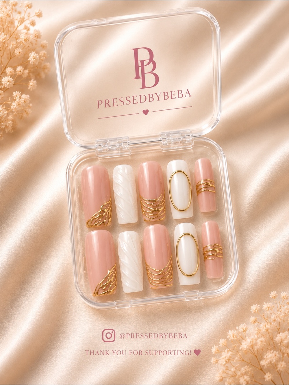 PressedByBeba Pink & White Press-On Nail Set with Gold Accents